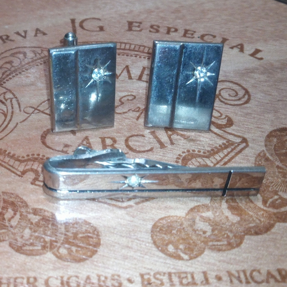 Vintage Cuff Links and Tie Clip Silver Rhinestone